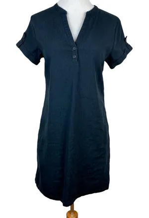 Fig Dress S Charcoal Linen‎ Lyocell Shift Short Sleeve Mini Stretch V-Neck thumbnail 1