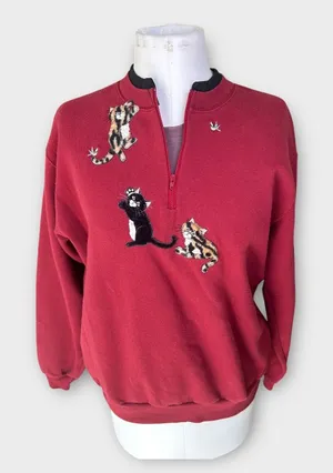 Vintage 90s Cat 3/4 zip Sweatshirt Women's Large L Red Grandmacore Top Stitch thumbnail 1