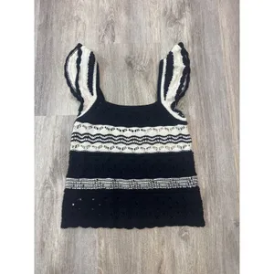 Loft Crochet Knit Ruffle Sleeve Striped Tank Black White Square‎ Neck Size Small thumbnail 2