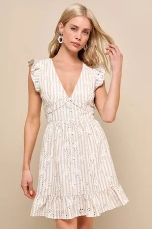 Lulus Sunny Crush NWT M Beige Ivory Striped Embroidered Ruffle Mini Dress Boho thumbnail 1