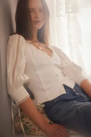 Free People Dainty Ethereal Cottage Victorian Lace Blouse Ivory Medium NWT thumbnail 1