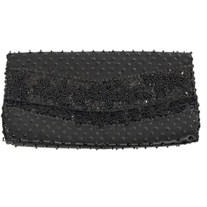Vtg‎ Black Beaded Satin Evening Clutch Micro Bead Flowers Snap Close Hong Kong thumbnail 3