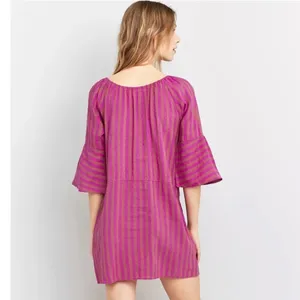 Free People Folk Town Linen Blend Purple‎ & Tan Striped Mini Dress Size S thumbnail 2