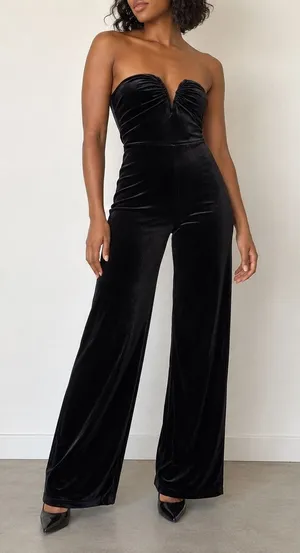 Lulus Moody at Midnight Black Velvet Notched Strapless Jumpsuit Small Party thumbnail 1