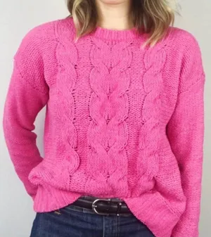 AMERICAN EAGLE AEO AE Chenille Cable Knit Sweater Bright Pink Barbie Oversized L thumbnail 1