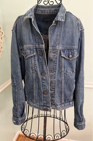 Vtg 90’s Calvin‎ Klein Denim Jean Jacket Blue hippie SZ M Peace Daisy Painted thumbnail 1