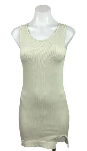 PrettyLittleThing White Rib Knit Sleeveless Crew Neck Slit Mini Bodycon Dress L thumbnail 1