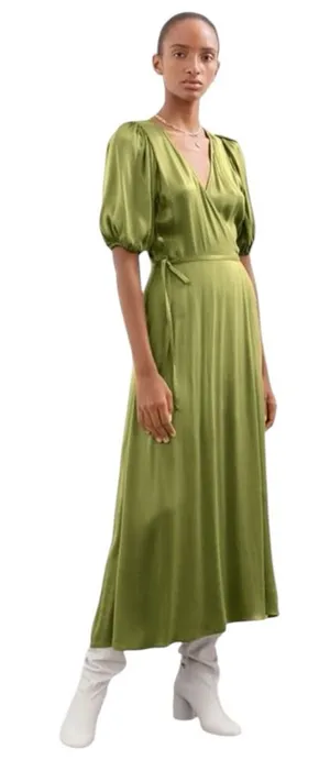 & Other Stories - Satin Wrap Midi Maxi Dress Olive Green Puff Sleeve Sz US 4 thumbnail 1