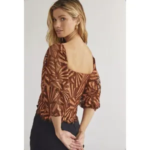 Anthropologie NWT Women XS Brown Metallic Geometric Print Blouse Glam Party Chic thumbnail 3