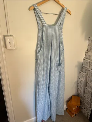 NWOT Halara Plaid Casual Linen-Feel Overalls with Pockets gingham blue white xl thumbnail 4