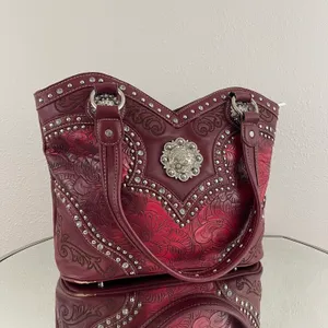 Y2K Red Burgundy Faux Tooled Leather Western Studded Shoulder Bag thumbnail 2