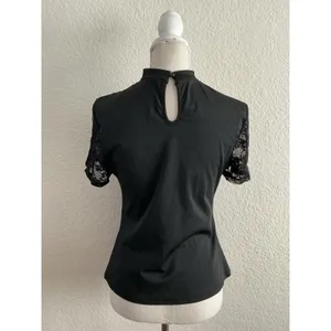 SHEIN Top Size L Black Lace Short Sleeve‎ Keyhole Mock Neck Sweetheart Blouse thumbnail 2