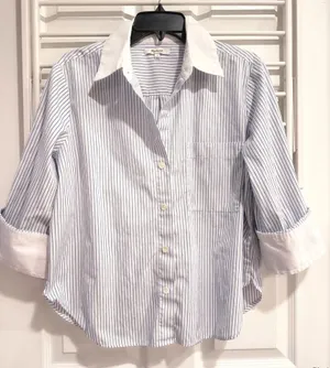 Madewell Easy Y-Neck Poplin Button Shirt Blue White Stripe Preppy Fold Cuffs thumbnail 1