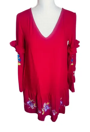 ASOS Red Embroidered Floral Mini Dress V-Neck Ruffle Sleeve Boho Shift US 4 thumbnail 1