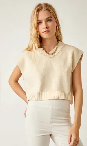 Free People Cream V-Neck “Easy Street” Knit Sweater Vest S thumbnail 1