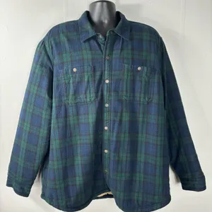 LL Bean Sherpa Lined Plaid Flannel Shacket Blue Green Shirt Men’s SZ XL Fleece thumbnail 2