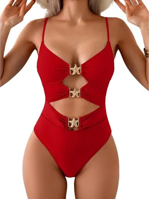 Eomenie One Piece Swimsuit Metal Cutout Monokini Bathing Suit Red X-Large thumbnail 1