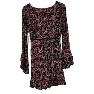 NWT C'isa Floral Print Mini Dress Black Boho Bell Sleeve Crochet Trim Size S thumbnail 4