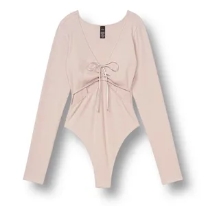Victoria’s Secret M Mauve Ribbed Bodysuit Long Sleeve‎ Tie Front Cutout Knit thumbnail 9
