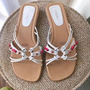 Vintage Monterey Bay Genuine leather white and pink slip on open toe boho bohemian summer sandals with wooden beads thumbnail 3