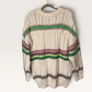 American Eagle Cream Cable Knit Fair Isle Striped Oversized Sweater Women Medium thumbnail 3