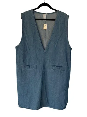Vintage 90s Denim Jean Dress Boxy Teacher Academia Blue V-Neck Deadstock Large thumbnail 1