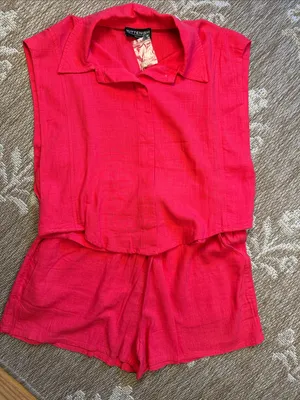 NWT Kittenish Bright Pink Sleeveless Collared Shorts Set thumbnail 1