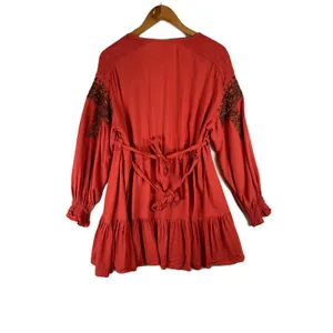 Free People Beaded Boho Tunic Dress Burnt Orange Red Long Sleeve L‎ Peasant Folk thumbnail 2