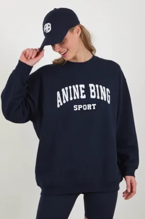 👕 ANINE BING Tyler Sport Sweatshirt Navy Terry Varsity Logo Pullover Medium 👕 thumbnail 1