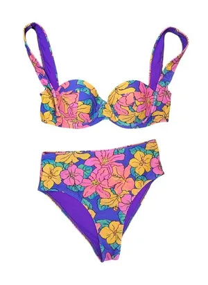 Lovers + Friends Purple Floral Bikini Set High-Waisted Bottoms Underwire Top XS thumbnail 1