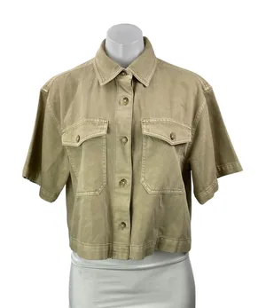 NEW Madewell Air Denim Tan Khaki Short Sleeve Button Down Crop Shirt Top Size S thumbnail 1
