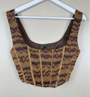 NWT Zara Mesh Corset Top Bustier Size M Brown Geometric Print Y2K Boho Chic thumbnail 1