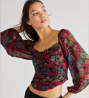 Free People On Lala Floral Long Sleeve Crop Top Women's Size‎ S Festival Boho thumbnail 1