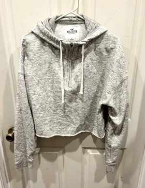Hollister Womens Large Heather Gray Quarter Zip‎ Cropped Hoodie Raw Hem Marled thumbnail 1
