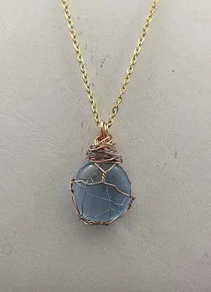 Handmade Ocean Blue glass wired gold chain necklace thumbnail 3