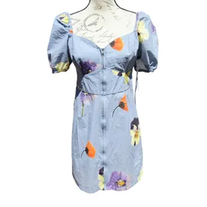 Obey NWT Redux Dress Opal Multi Floral Pansy Blue Cotton Mini Puff Sleeve Size M thumbnail 2