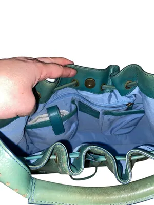 Y2K Vintage Cole Haan Teal Leather Drawstring brass studded Hobo Bag Boho fairy thumbnail 8