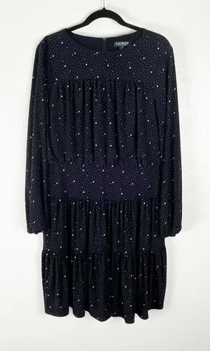 LAUREN RALPH LAUREN Navy Speckled Long Sleeves Tiered Dress Size 14 thumbnail 1