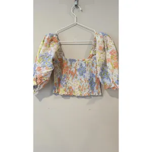 Billabong Feeling Groovy Puff Sleeve Floral Smocked Crop Blouse Top Size L 2692 thumbnail 5