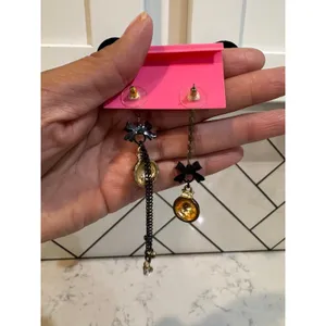 Betsey Johnson Ladybug Earrings crystal post stud black bows pink ladybug dangle thumbnail 7