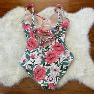 Pink White & Green Floral Open Back Ruched One Piece Swimsuit thumbnail 5