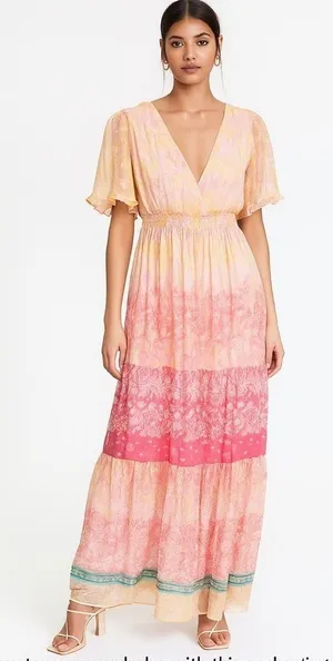 NEW House Of Harlow 1960 Ruffled Tiered Floral Metallic Maxi‎ Dress thumbnail 1