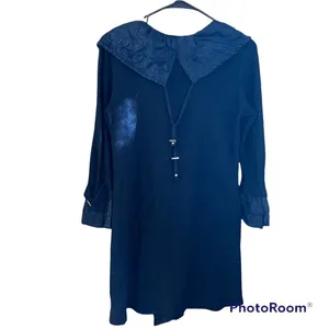Puli Navy 3/4 Sleeve Ruffle Front Sweater Cardigan thumbnail 2