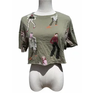 Zara Graphic Cropped T-Shirt Women’s S Olive Green Fashion Illustration Artsy thumbnail 2