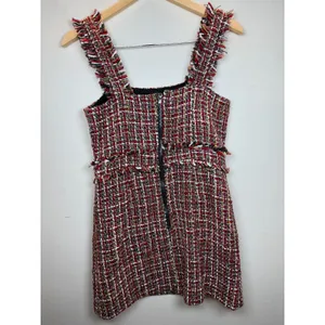 Olivaceous Mini Dress Women S Red Multi Tweed Fringe Hem Sleeveless Zip Back thumbnail 2