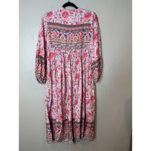 R Vivimos‎ Maxi Dress Size XS Boho Cottage Peasant Floral Pink Tassel Flowy thumbnail 5