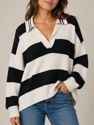 Oversized Striped Polo Sweater Women Large V-Neck Knit Pullover Preppy Normcore thumbnail 1