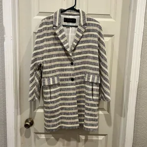Zara Basic Womens Medium Striped Tweed Blazer Coat Black White Beige Cotton Mix‎ thumbnail 5