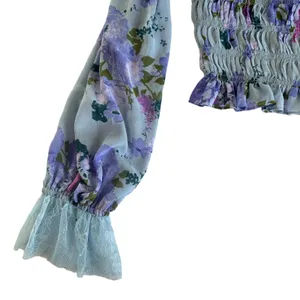 Free People Daphne Silver Blue Combo Lace Floral Print Blouse Size Medium thumbnail 11