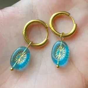 Handmade retro vintage chic whimsical style quality Czech glass beads 2WAY hoop dangle earrings🩵 thumbnail 6